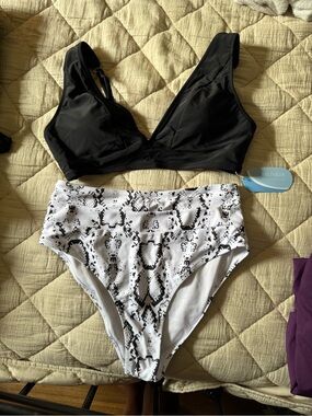 Black V-Neck Bikini Top with High-Waist Snakeskin Bottoms